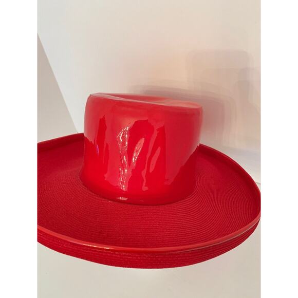 Small ( 6 3/4) Vintage Oleg Cassini Red Patent and Woven Hat Young America - Picture 3 of 6